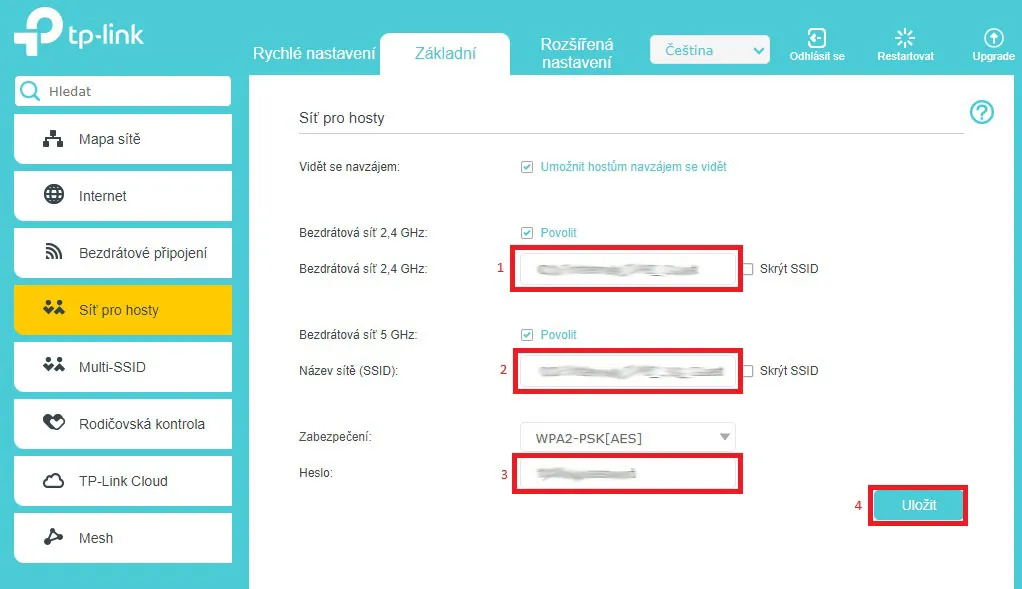 obrázek nastavení sítě pro hosty