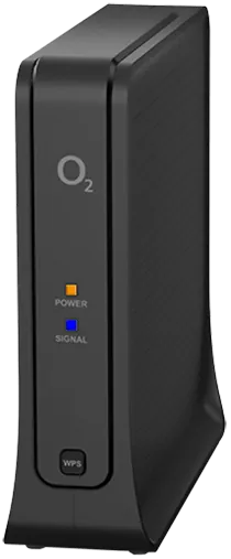 Přední panel O2 Smart Boosteru s oranžově svítící kontrolkou Power a modře svítící kontrolkou Signal