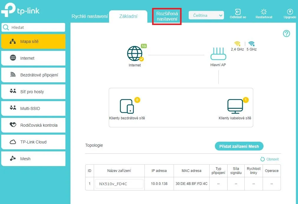 obrázek rozcestníku nastavení TP-LINK NX510v, kliknutí na záložku rozšířená hledání