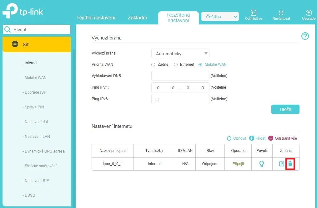 kliknutí na symbol koše
