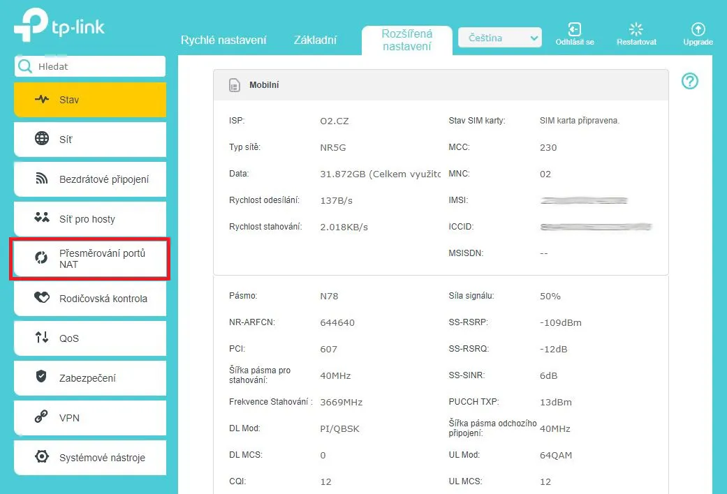 kliknutí na Přesměrování portů NAT