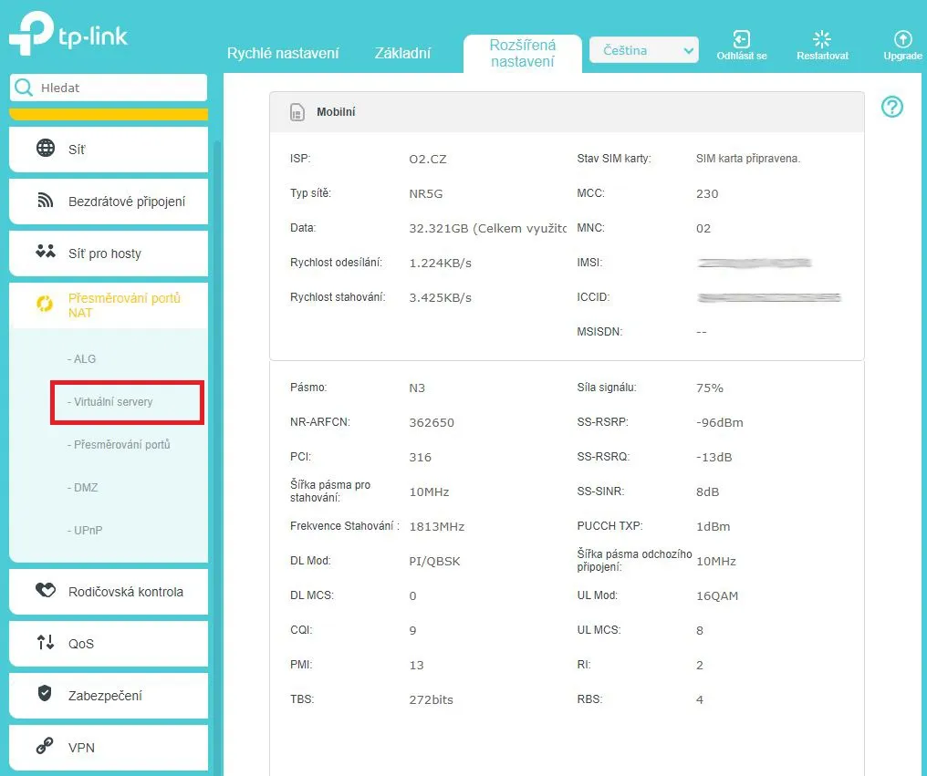 kliknutí na virtuální servery