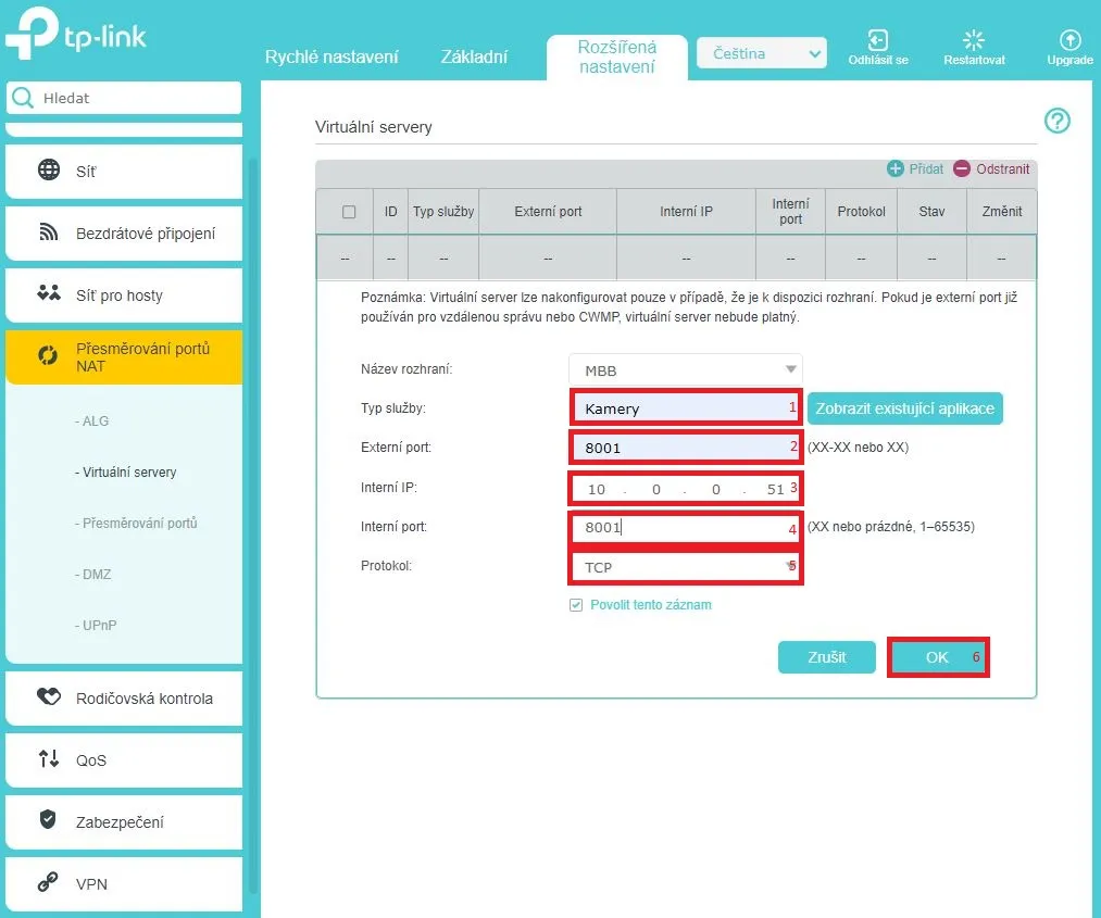 vyplnění nastavení virtuálního serveru