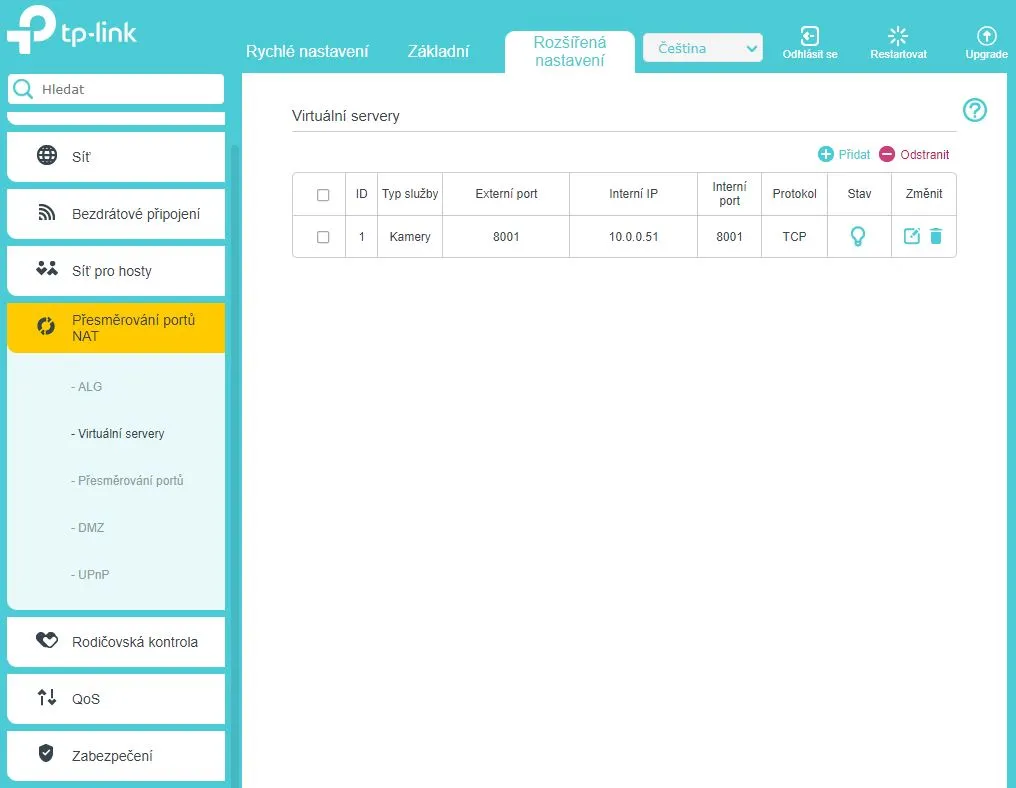 přehled nastavení jednotlivých portů/IP adres