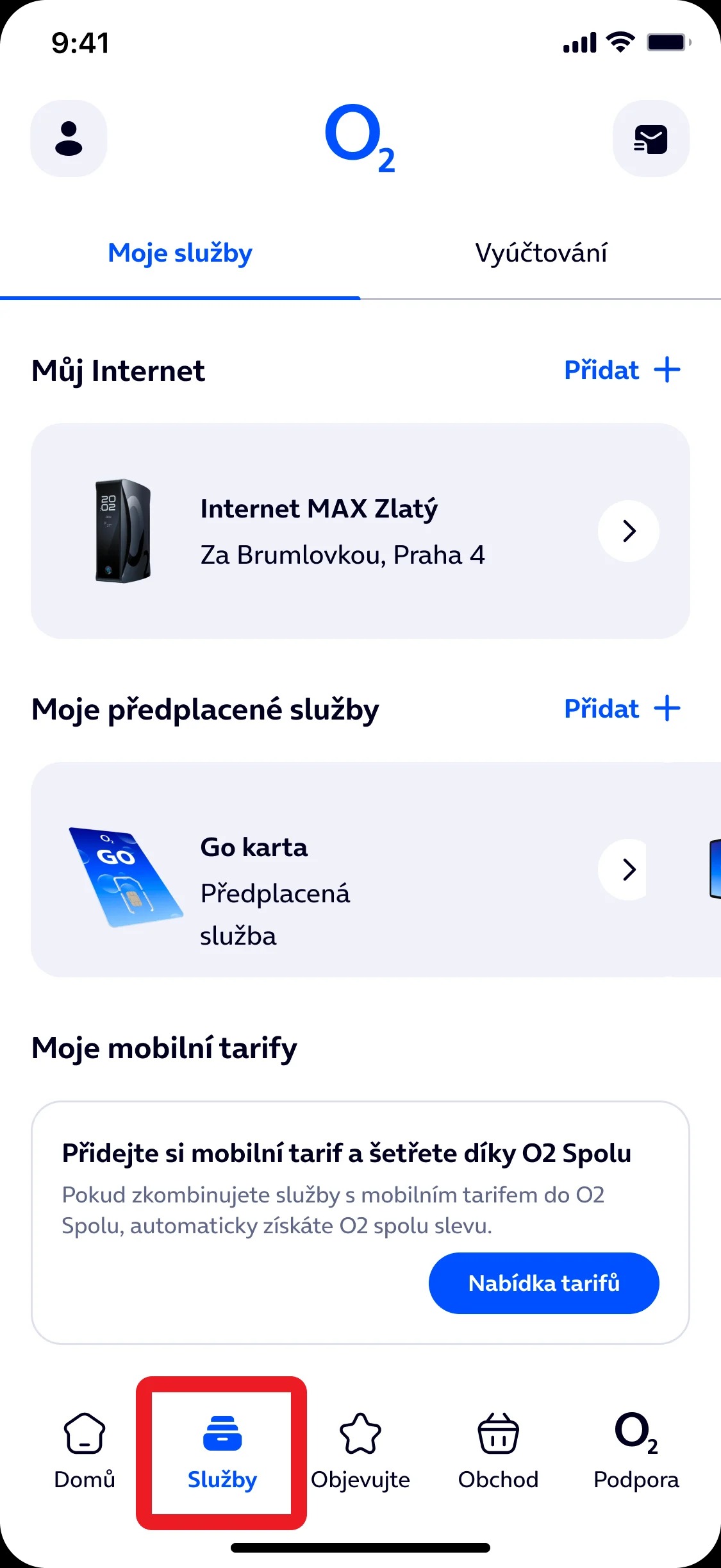 složka služby v aplikaci moje O2