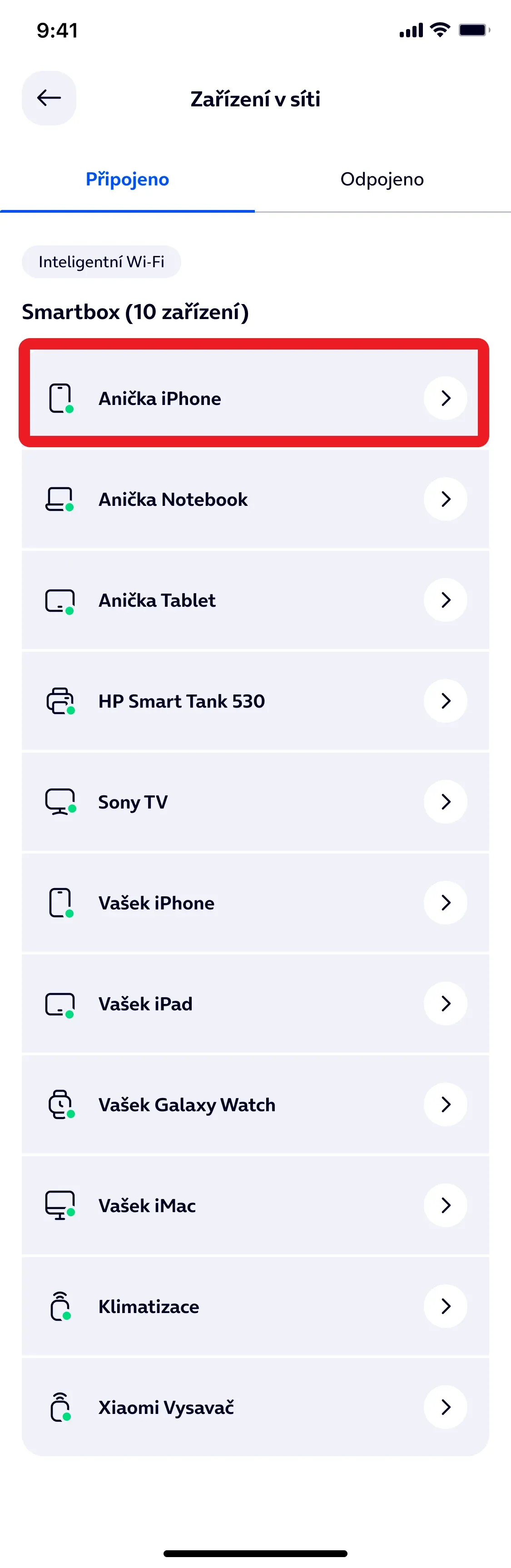 sekce Zařízení v síti a výběr zařízení, kterému chceme omezit přístup na internet