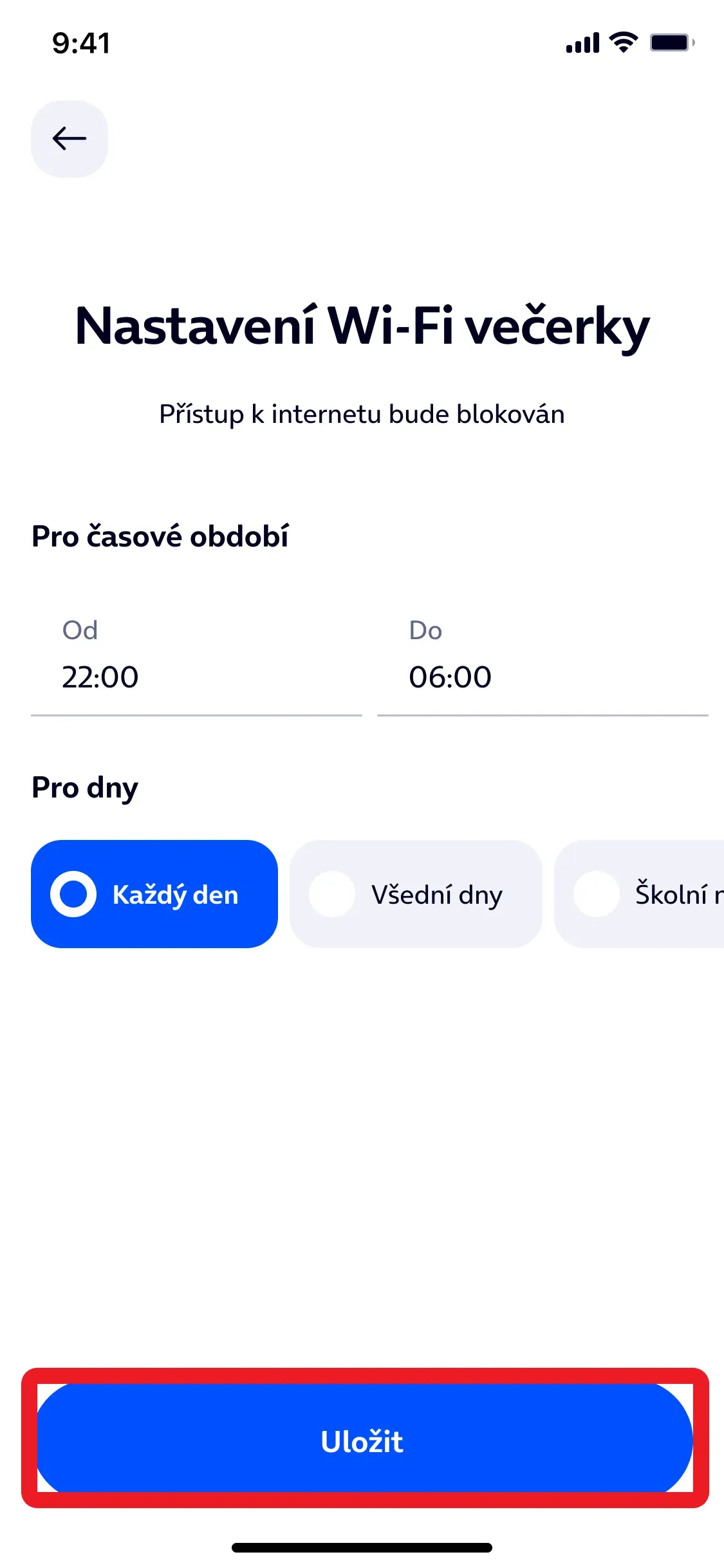 požadované nastavení wi-fi večerky