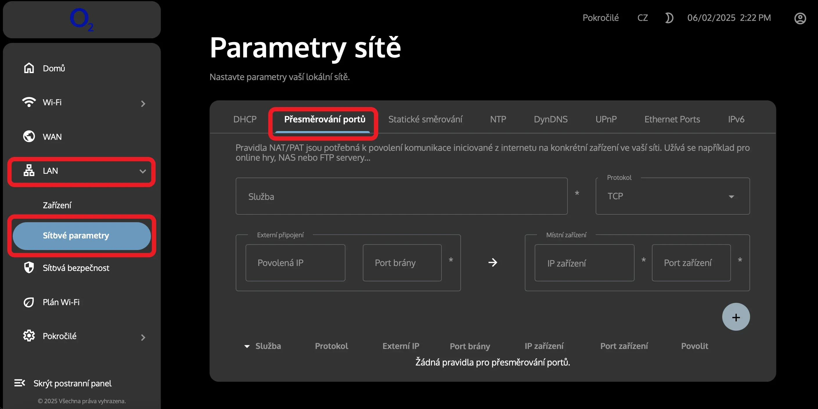 Dashboard Síťové parametry ve webovém rozhraní Web GUI pro nastavení přesměrování portů modemu/routeru O2 Smart Box 3 ve variantě DSL i Optic