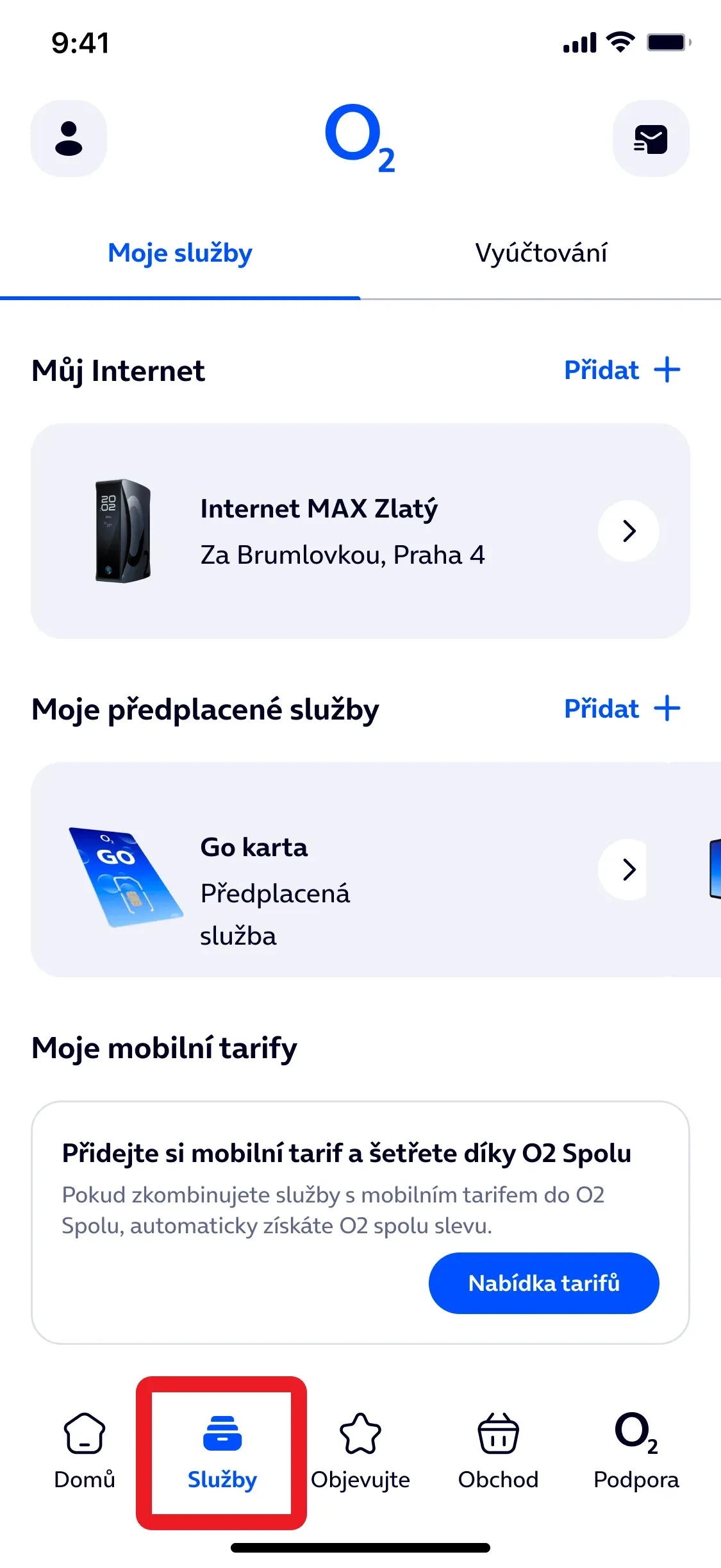 sekce služby v aplikaci moje O2