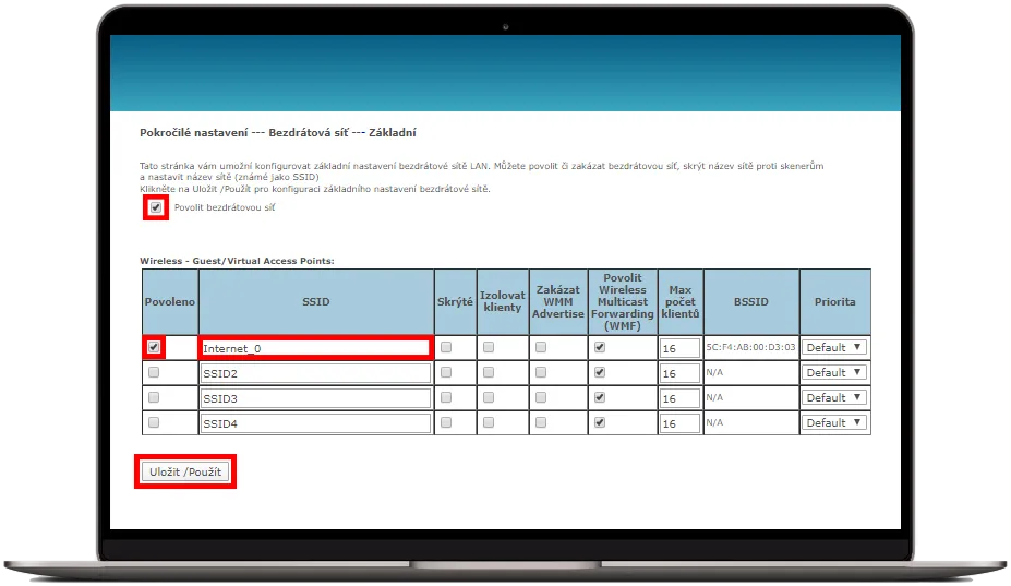 Vyplňte pole nastavení
