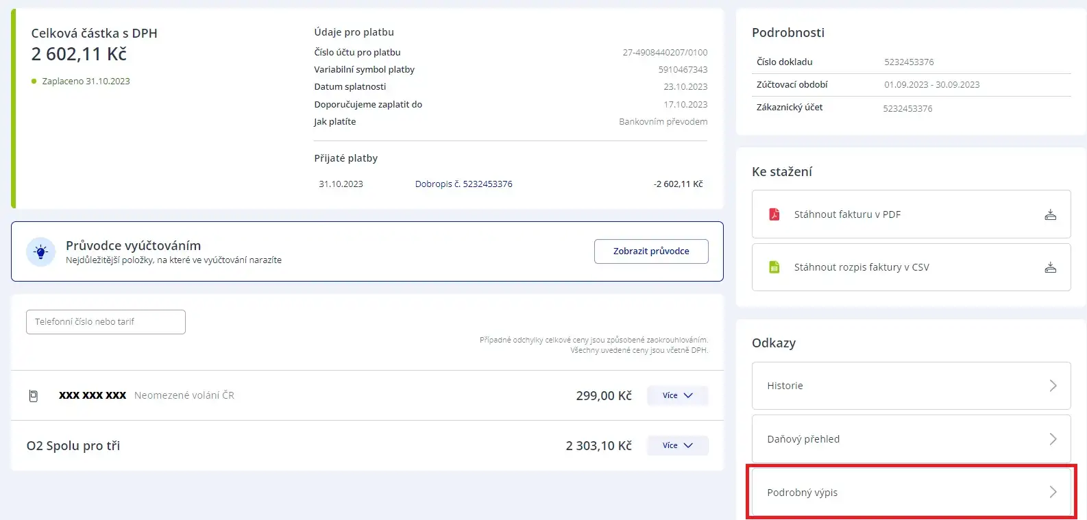 Aktuální výpis volání v Moje O₂