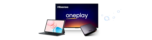 Televizor Hisense s aplikací oneplay, tablet s klávesnicí a set-top box oneplay