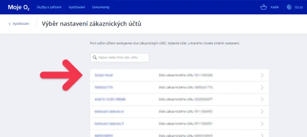 obrázek výběru konkrétního účtu, který chci nastavit