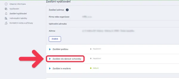 obrázek výběru Zasílání do datové schránky v nastavení