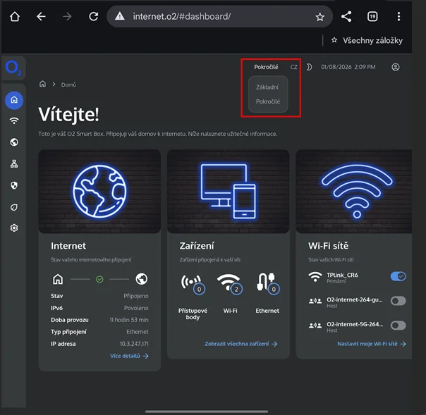 Základní dashboard webového rozhraní Web GUI pro pokročilé nastavení modemu/routeru O2 Smart Box 3 ve variantě DSL i Optic