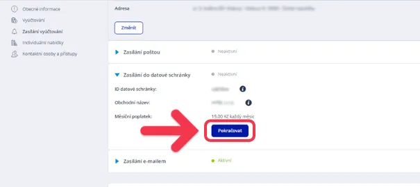 obrázek potvrzení změny údajů tlačítkem Pokračovat