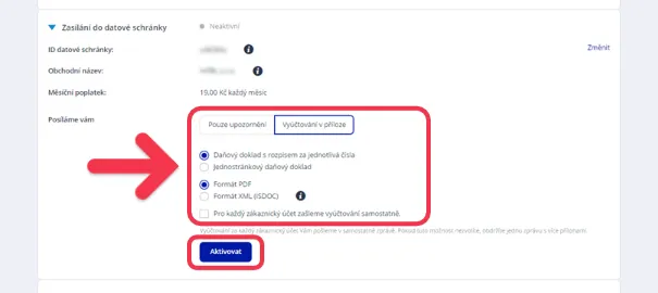 obrázek stránky kde lze změnit formu vyúčtování do datové schránky