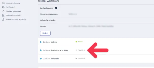 obrázek zobrazení statusu Neaktivní u zasílání do datové schránky