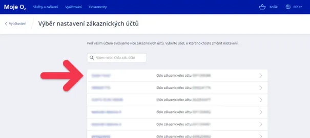 obrázek výběru konkrétního účtu, kterého se změna týká