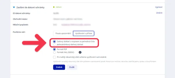 obrázek volby vyúčtování v příloze a možnost výběru detailu