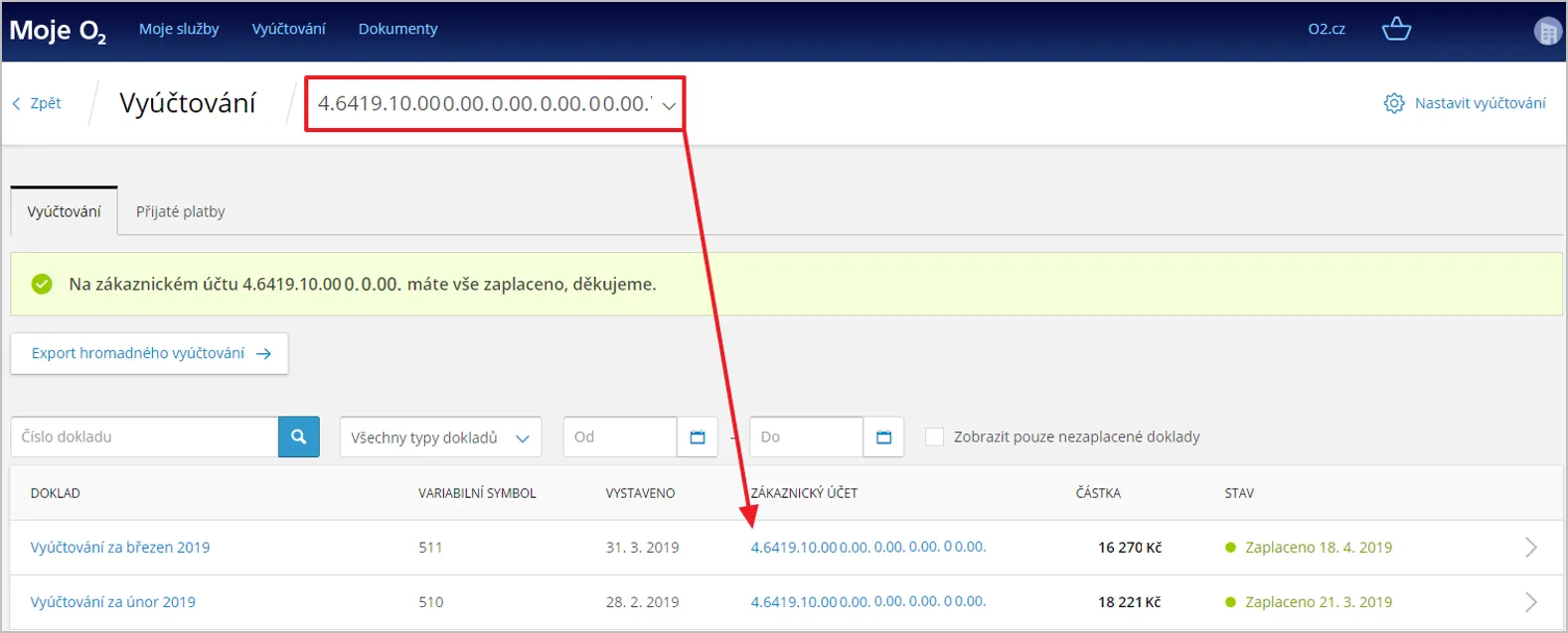obrázek doplnění čísla do konkrétního zákaznického účtu