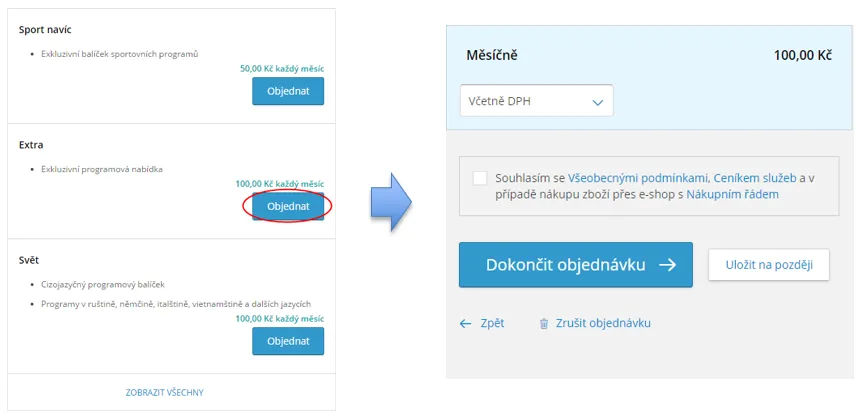 obrázek objednání doplňkových služeb