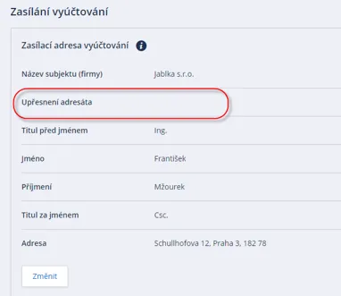 obrázek nového pole Upřesnění adresáta