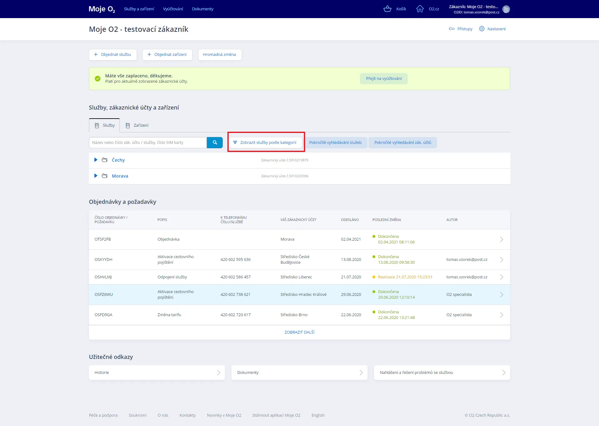 obrázek kliknutí na tlačítko Zobrazit služby podle kategorií