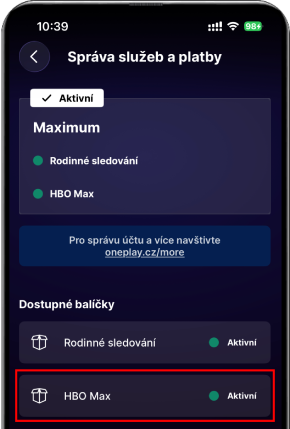 Dostupné balíčky na Oneplay v mobilní aplikaci