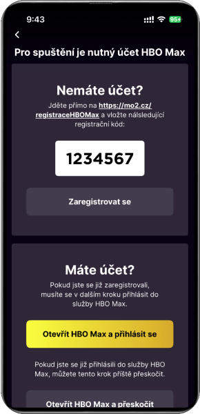 Registrační kód pro HBO Max na Oneplay v mobilní aplikaci