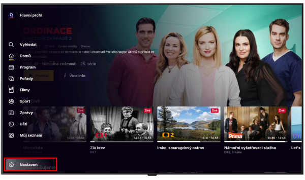 Obrazovka nastavení na Oneplay