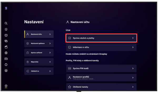 Správa služeb a platby na Oneplay na chytré TV