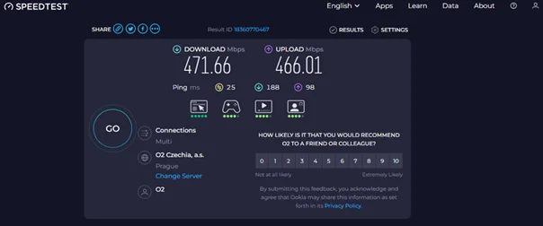 Obrazovka s výsledky měření rychlosti internetu pomocí služby Speedtest.net
