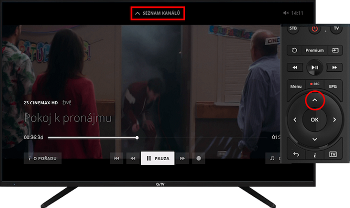 Zobrazení seznamu kanálů v nové O2 TV pomocí šipky na ovladači