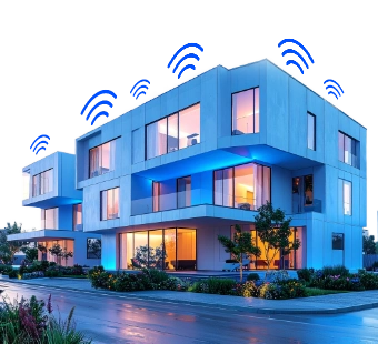 Ilustrativní obrázek bytového domu s velkým počtem vzájemně se rušících Wi-Fi sítí