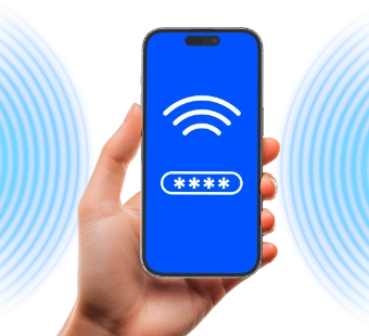 Ilustrativní obrazovka mobilu s ikonou Wi-Fi a polem pro heslo ukazující jednu z výhod mesh systému: jediná Wi-Fi s jedním názvem a heslem