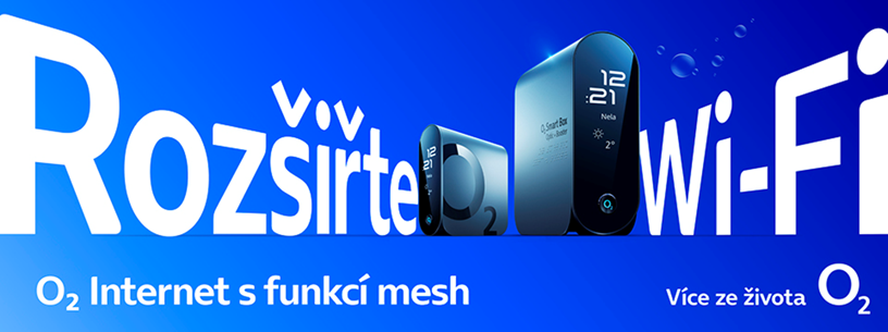 Banner propagující O2 Mesh s nápisem: Rozšiřte WI-Fi - O2 Internet s funkcí mesh