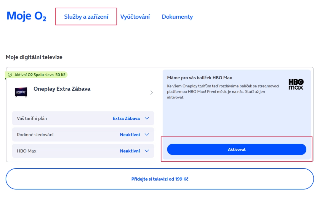 Aktivace HBO Max k Oneplay v aplikaci Moje O2