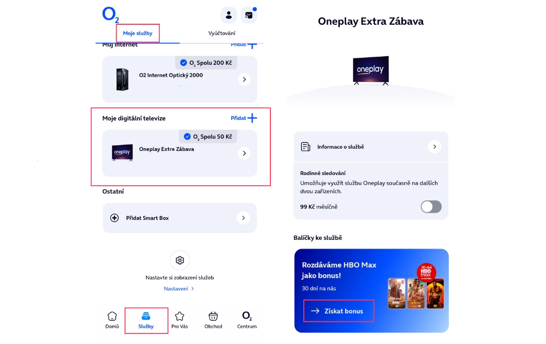 HBO Max balíček k Oneplay v aplikaci Moje o2