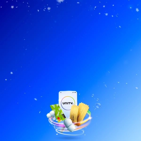 Náhled na výhody s logem Unity, jako jsou zlaté vstupenky, zelená platební karta Air Bank nebo sluchátka O2 Pods