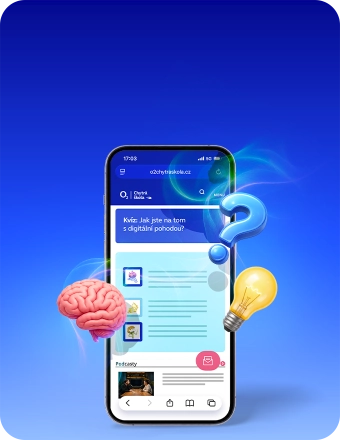Mobil s obrazovkou webu Chytrá škola, na níž jsou kvízy k digitálnímu zdraví