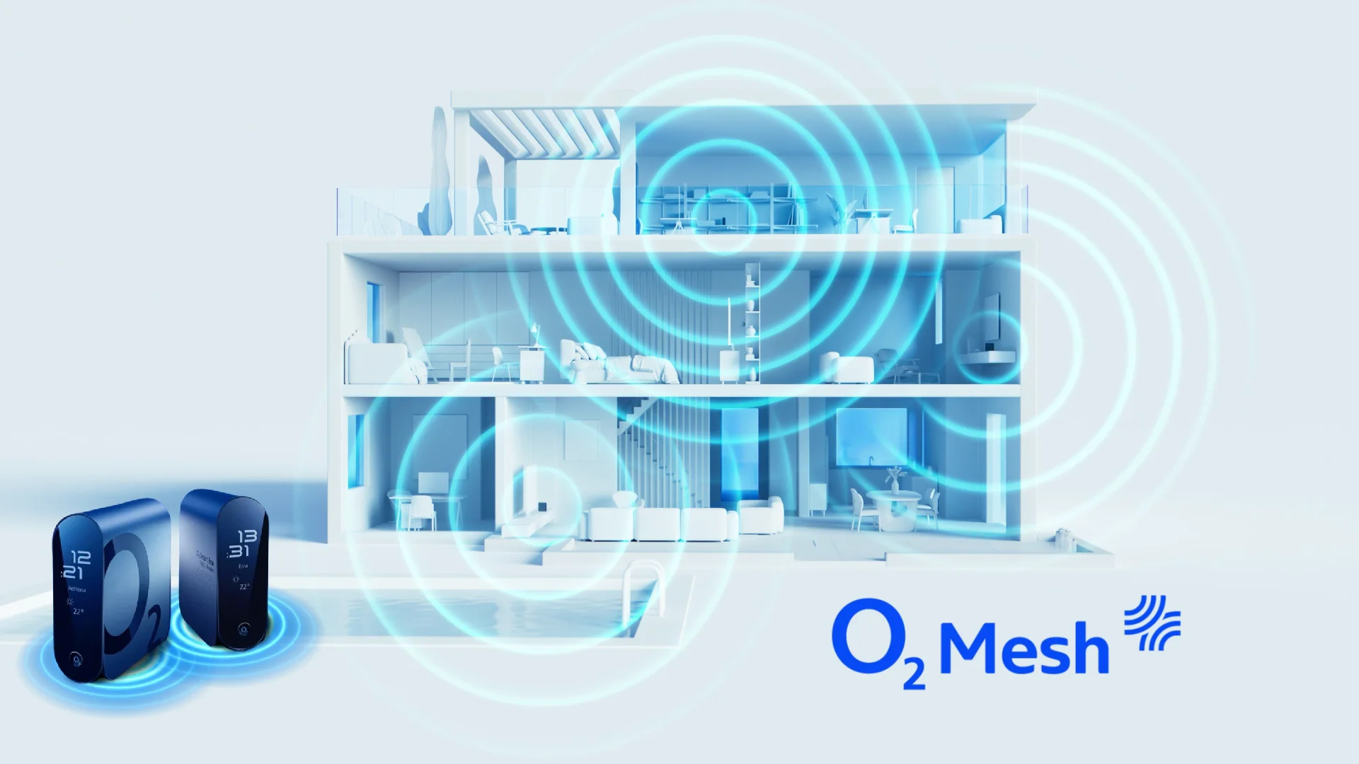 Průřez třípatrovým domem s rozmístěnými modemy O2 Smart Box, které společně tvoří stabilní O2 Mesh síť