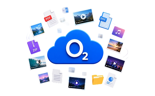 Modrý cloud s logem O2 a kolem poletující soubory, fotky a videa
