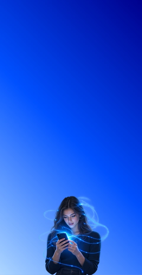 žena s telefonem, kolem ní neuronové sítě