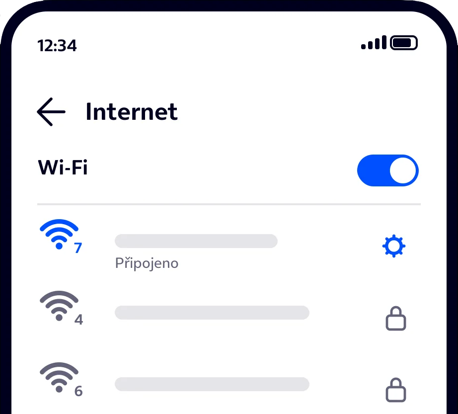 Seznam Wi-Fi sítí v telefonu – vlastní síť má Wi-Fi 7, všechny sousední jen Wi-Fi 4 a 6