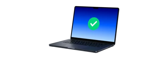 laptop s modrým pozadím a zeleným checkem na displeji