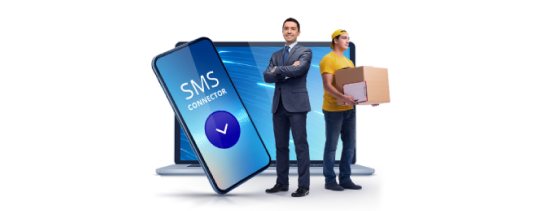 dva živnostníci stojí u displeje s logem SMS Connectoru