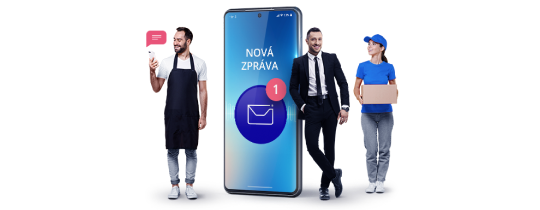  obrázek živnostníků, kteří se opírají o velký telefon, na kterém je notifikace k nové zprávě