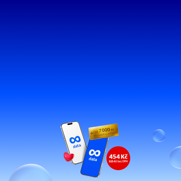Dva chytré telefony s ikonou nekonečných dat, červený štítek s cenou 454 Kč bez DPH a zlatý štítek s textem až 7 000 Kč na mobil a zařízení.