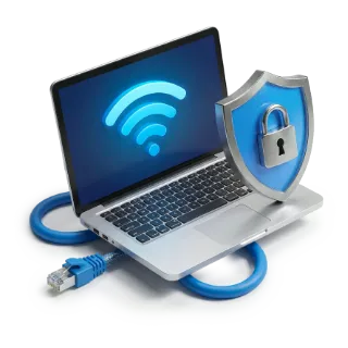 Ilustrační obrázek notebooku s LAN kabelem a štítem evokujícím kybernetickou bezpečnost